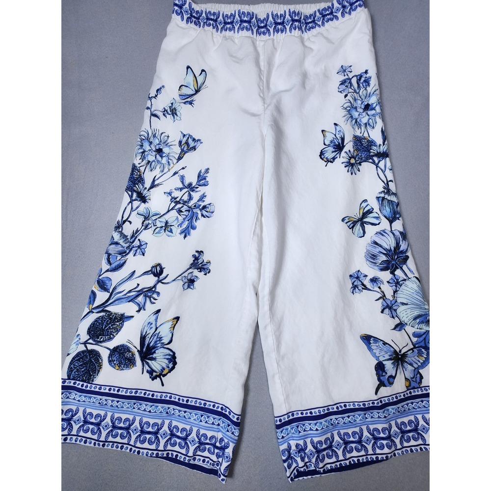 Chico Blue Butterfly Floral Wide Leg Crop Pant White Elastic Waist Resort Summer